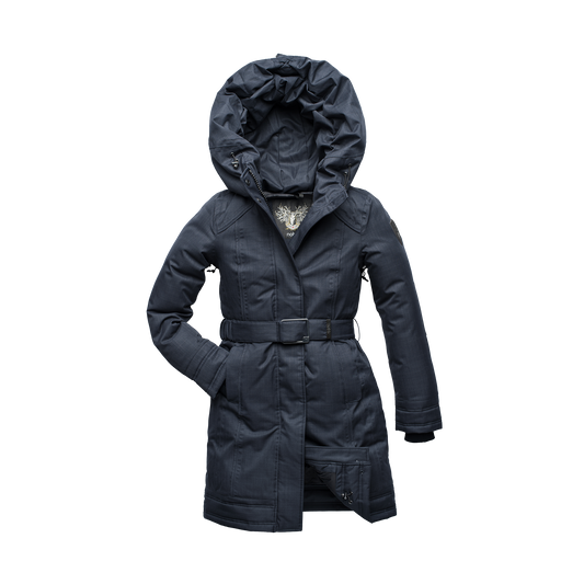 Women's Thigh length own parka with a furless oversized hood in CH Navy + CH Navy