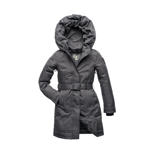 Women's Thigh length own parka with a furless oversized hood in CH Steel Grey + CH Steel Grey