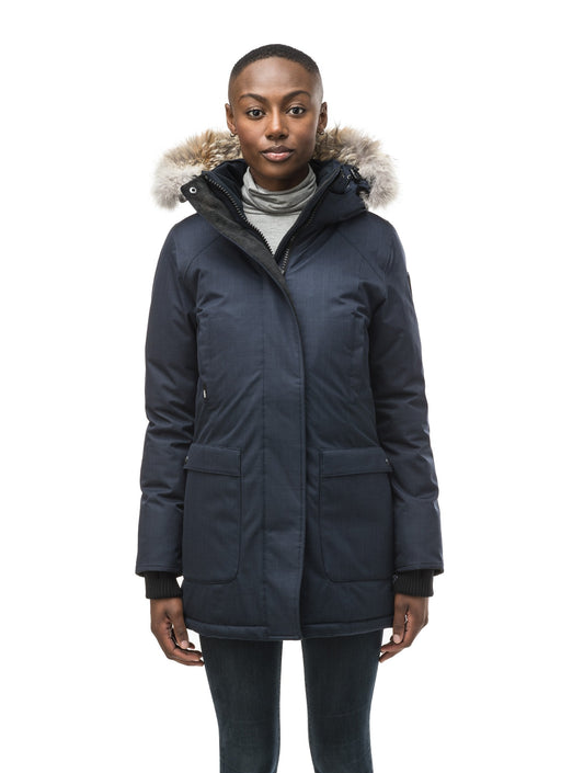 Women's down filled parka that sits just below the hip with a clean look and two hip patch pockets in CH Navy + CH Navy