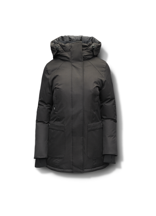 Carla Furless Ladies Parka in thigh length with Canadian Premium White Duck Down insulation, non-removable hood, centre-front zipper with magnetic closure wind flap, and four exterior pockets, in Black
