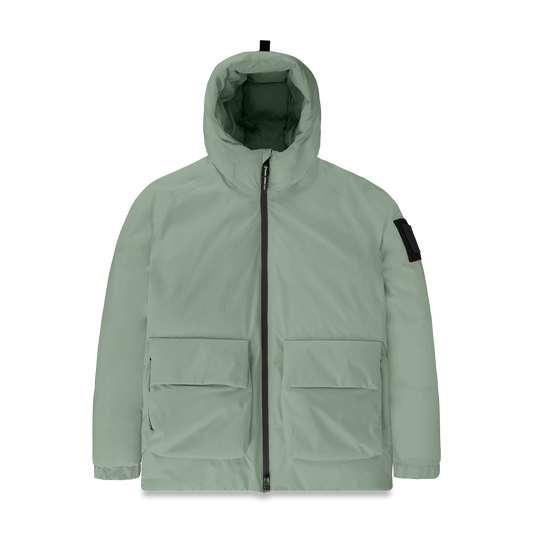 Dixon jacket in Duck Green stretch ripstop fabric with DWR coating, large bellow pockets with magnetic flaps, hidden side-entry zipper pockets, and adjustable cuffs and hem for a tailored fit. Durable, weather-resistant, and versatile. + Duck Green