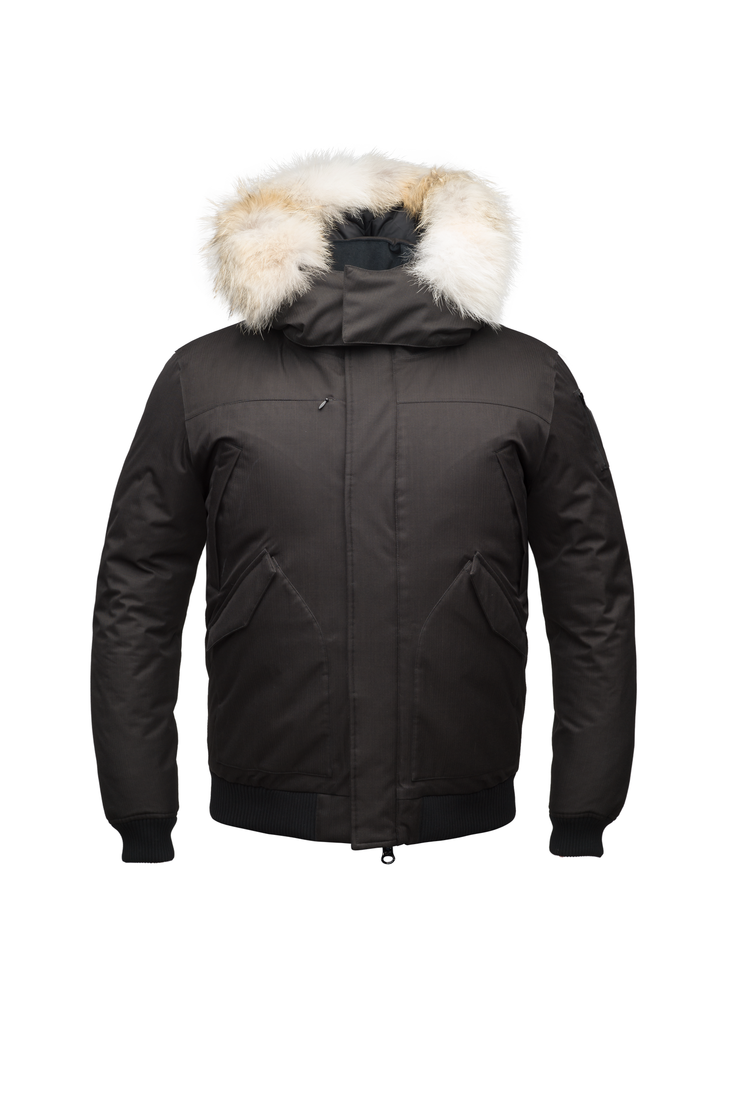 Men's classic down filled bomber jacket with a down filled hood that features a removable coyote fur trim and concealed moldable framing wire in Black
