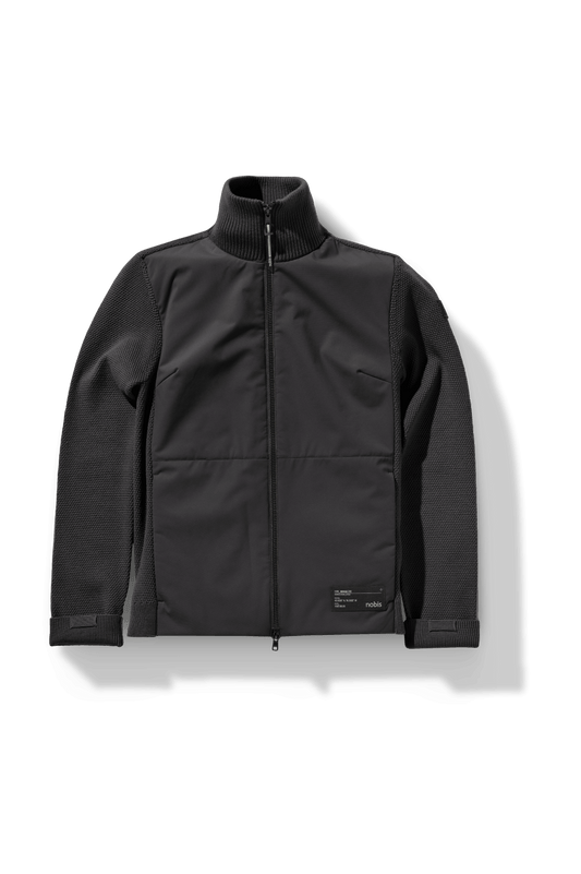 Evo Ladies Performance Full Zip Sweater in hip length, Primaloft Gold Insulation Active+, Merion wool knit collar, sleeves, back, and cuffs, two-way front zipper, and hidden waist pockets, in Black + Black