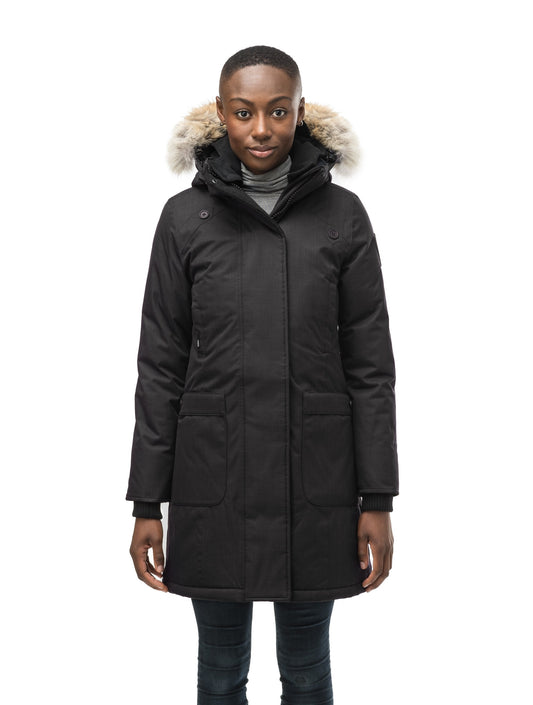 Merideth thigh length black parka, side view in CH Black + CH Black