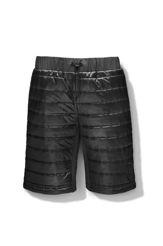 Decker Men's Performance Quilted Shorts in knee length, premium cire technical nylon taffeta and stretch nylon fabrication, premium 4-way stretch, water-resistant Primaloft Gold Insulation Active+, side seam pockets, invisible zipper back pokcet, elasticized waist with drawcords, and hidden drawcord at leg hems, in Black + Black