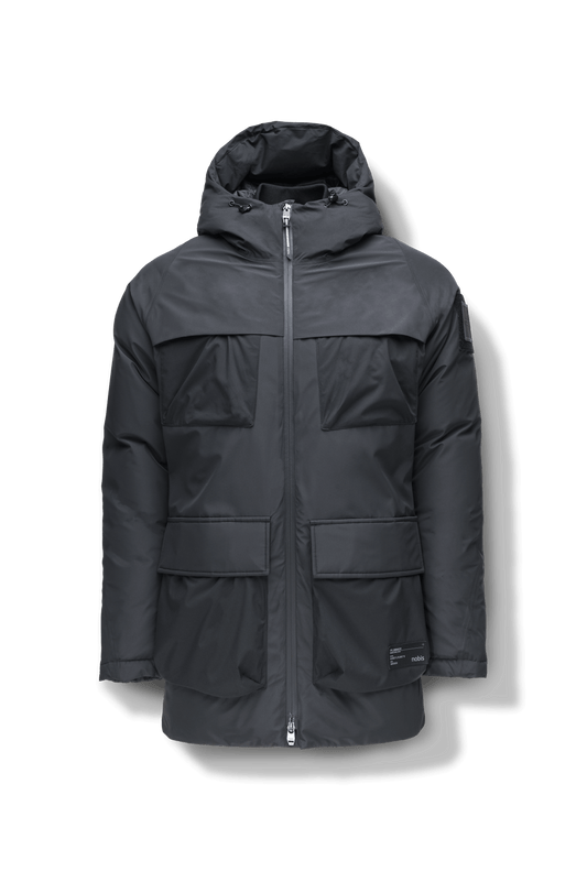 Ronin Men's Performance Utility Jacket in thigh length, premium 3-ply micro denier and stretch ripstop fabrication, Premium Canadian origin White Duck Down insulation, non-removable down-filled hood, bellow chest pockets, magnetic closure waist flap pockets, two-way centre-front zipper, pit zipper vents, hidden adjustable waist drawcord, in Black + Black