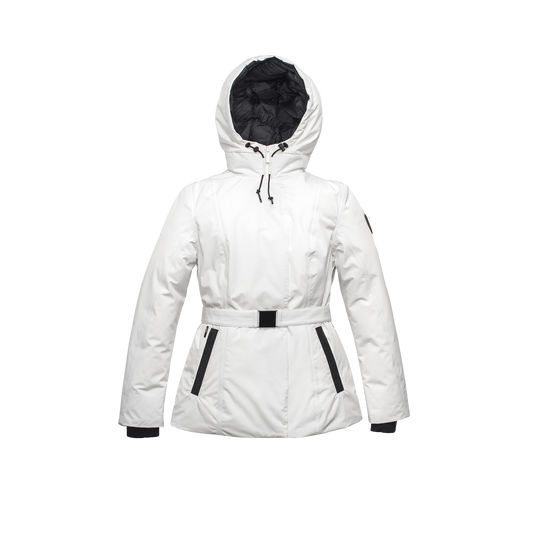 Ladies hip length down-filled parka with non-removable hood and adjustable belt in Chalk + Chalk