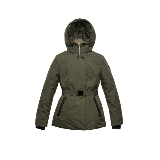 Ladies hip length down-filled parka with non-removable hood and adjustable belt in Fatigue + Fatigue
