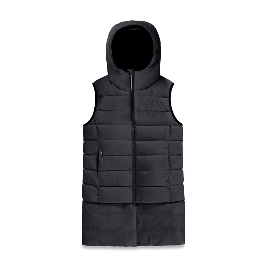 Saratoga puffer vest in Black insulated with Canadian white duck down, featuring stretch nylon ribbing for mobility, hidden waist drawcord, and a tailored fit for warmth and style. Lightweight and ideal for layering. + Black