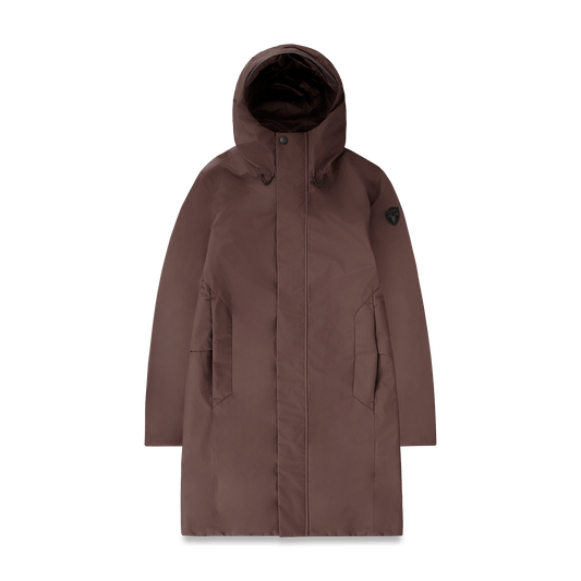 Upton long jacket in Coffee Bean in 3-ply Micro Denier fabric with DWR coating, featuring a two-way zipper with magnetic closure, hidden mesh ventilation, and underarm vents. Designed for weather protection and tailored comfort. + Coffee Bean