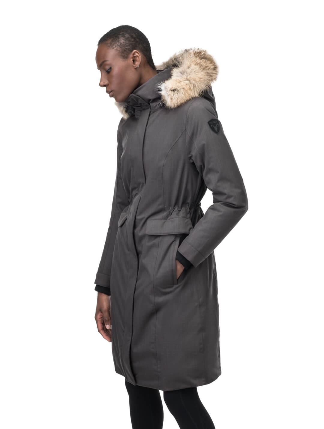 Zenith Ladies Knee Length Parka in knee length, Canadian duck down insulation, removable hood with removable fur ruff trim, and two-way front zipper, in Steel Grey