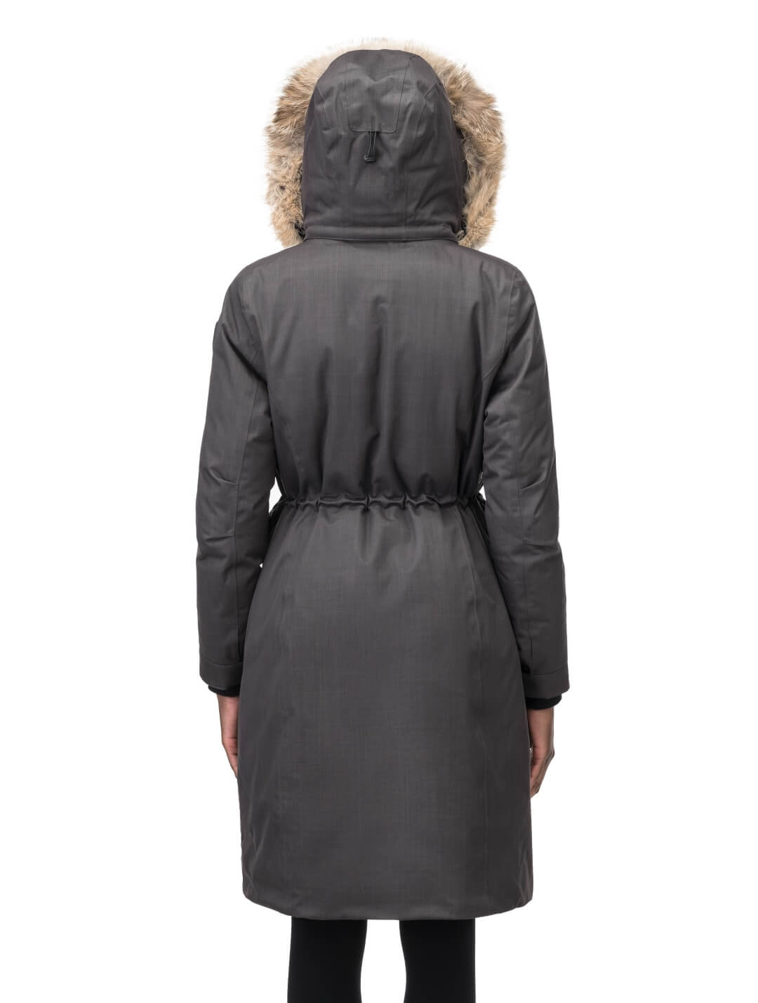 Zenith Ladies Knee Length Parka in knee length, Canadian duck down insulation, removable hood with removable fur ruff trim, and two-way front zipper, in Steel Grey