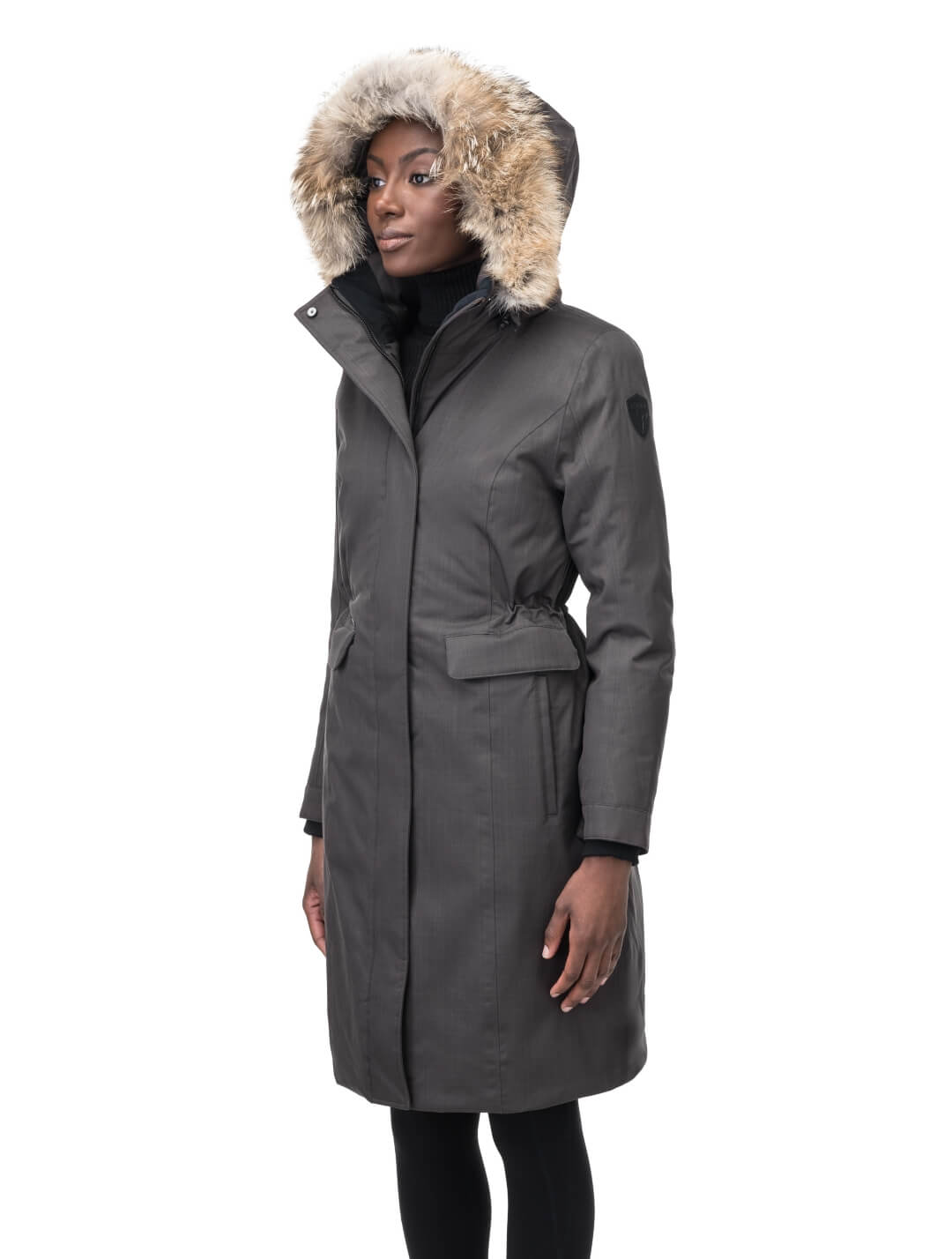 Zenith Ladies Knee Length Parka in knee length, Canadian duck down insulation, removable hood with removable fur ruff trim, and two-way front zipper, in Steel Grey