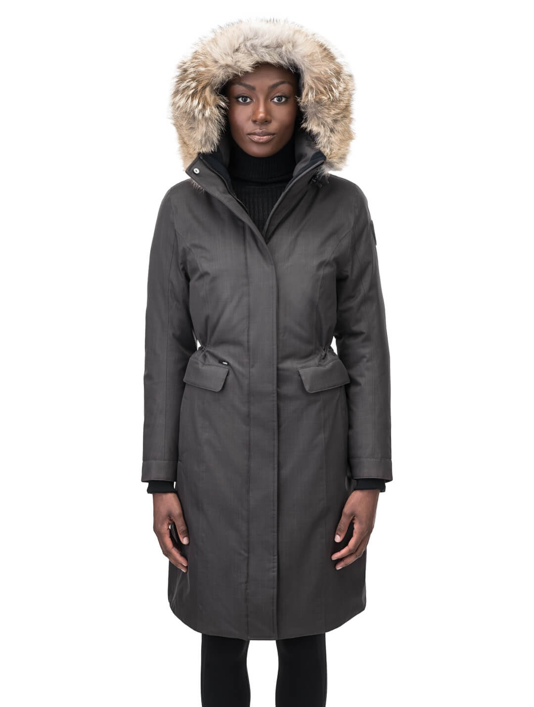 Zenith Ladies Knee Length Parka in knee length, Canadian duck down insulation, removable hood with removable fur ruff trim, and two-way front zipper, in Steel Grey