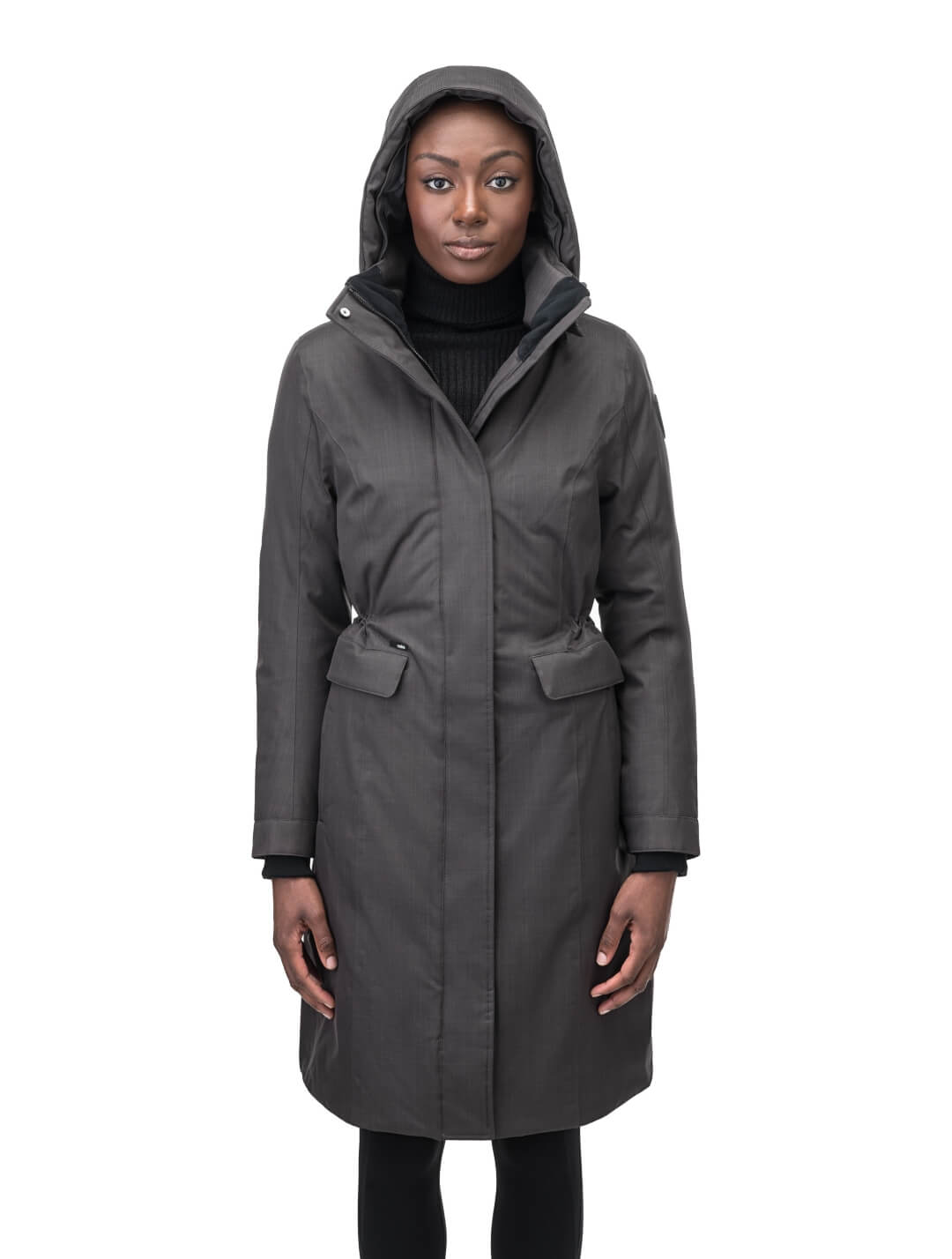 Zenith Ladies Knee Length Parka in knee length, Canadian duck down insulation, removable hood with removable fur ruff trim, and two-way front zipper, in Steel Grey