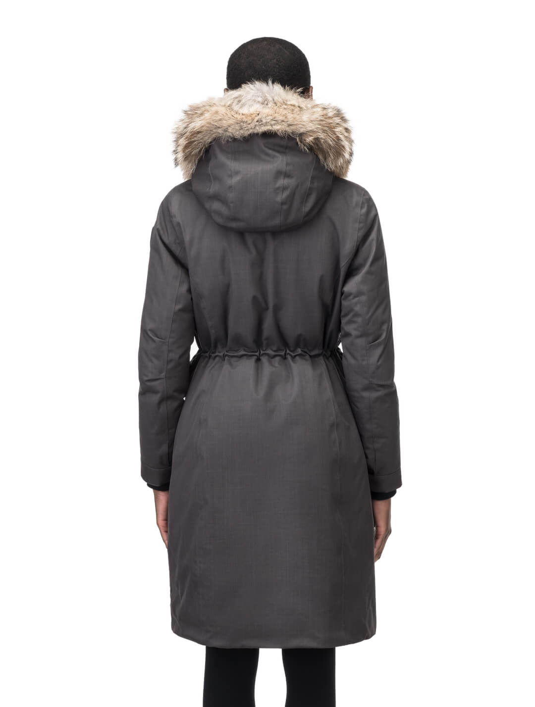 Zenith Ladies Knee Length Parka in knee length, Canadian duck down insulation, removable hood with removable fur ruff trim, and two-way front zipper, in Steel Grey