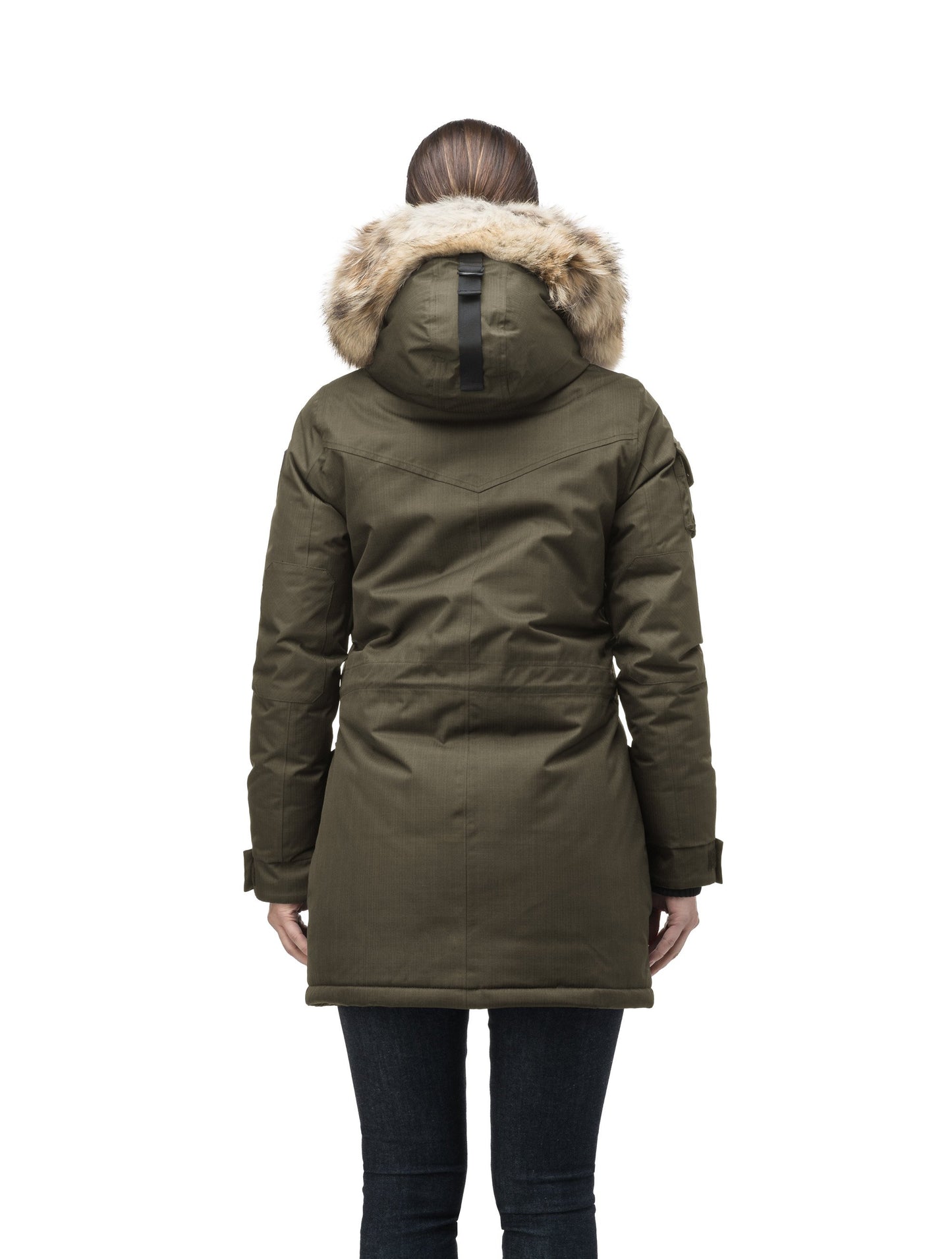 Women's down filled thigh length parka with four pleated patch pockets and an adjustable waist in CH Army Green