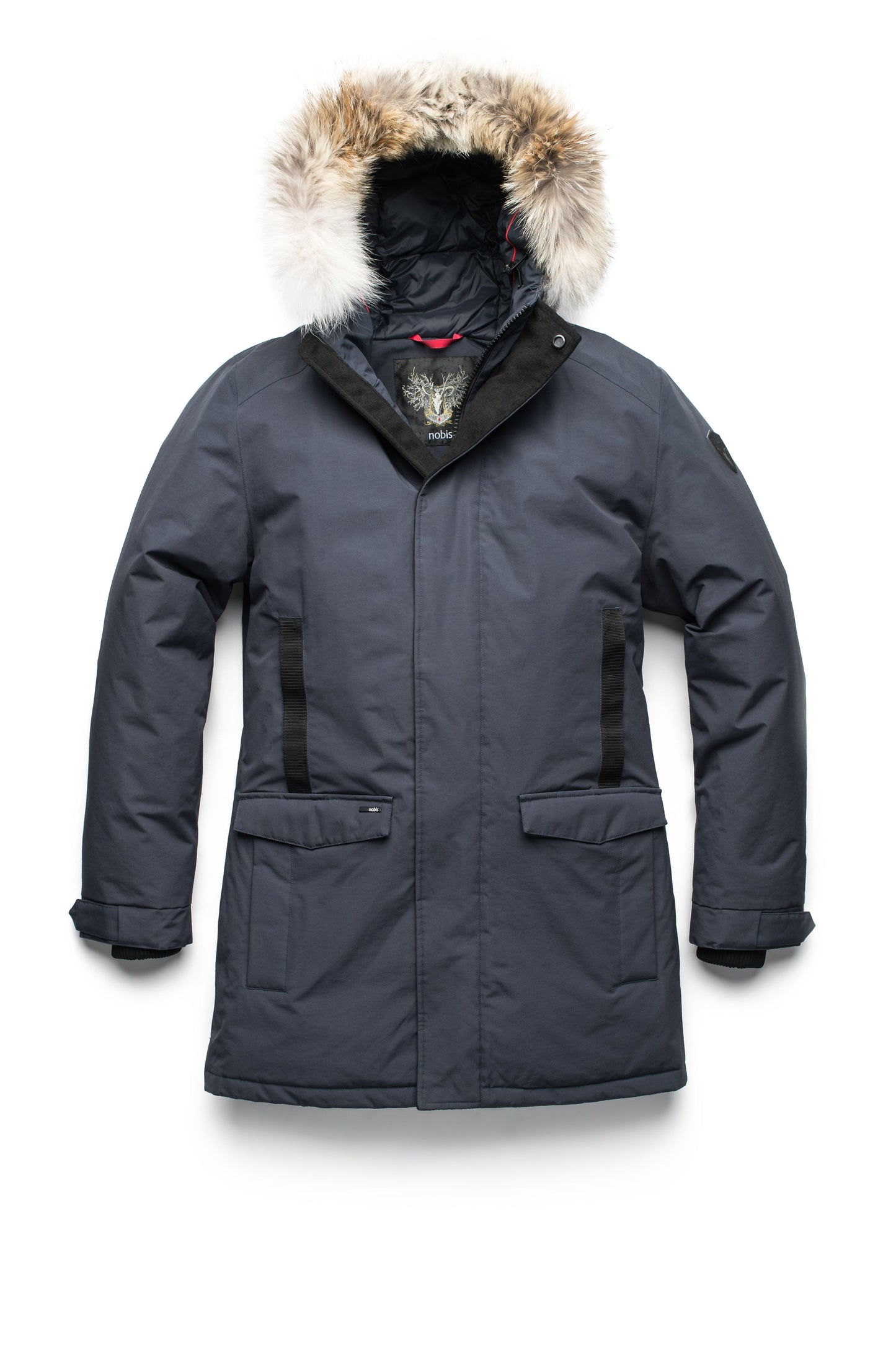 Lightweight men's parka with duck down fill and removable fur trim around the hood in Black