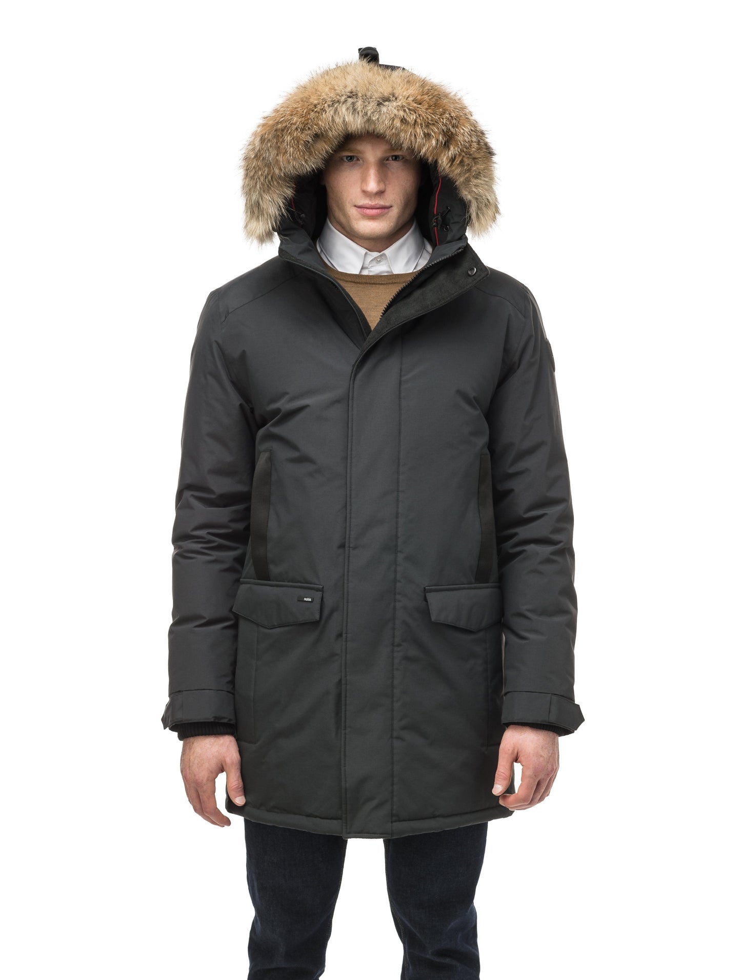 Lightweight men's parka with duck down fill and removable fur trim around the hood in Black