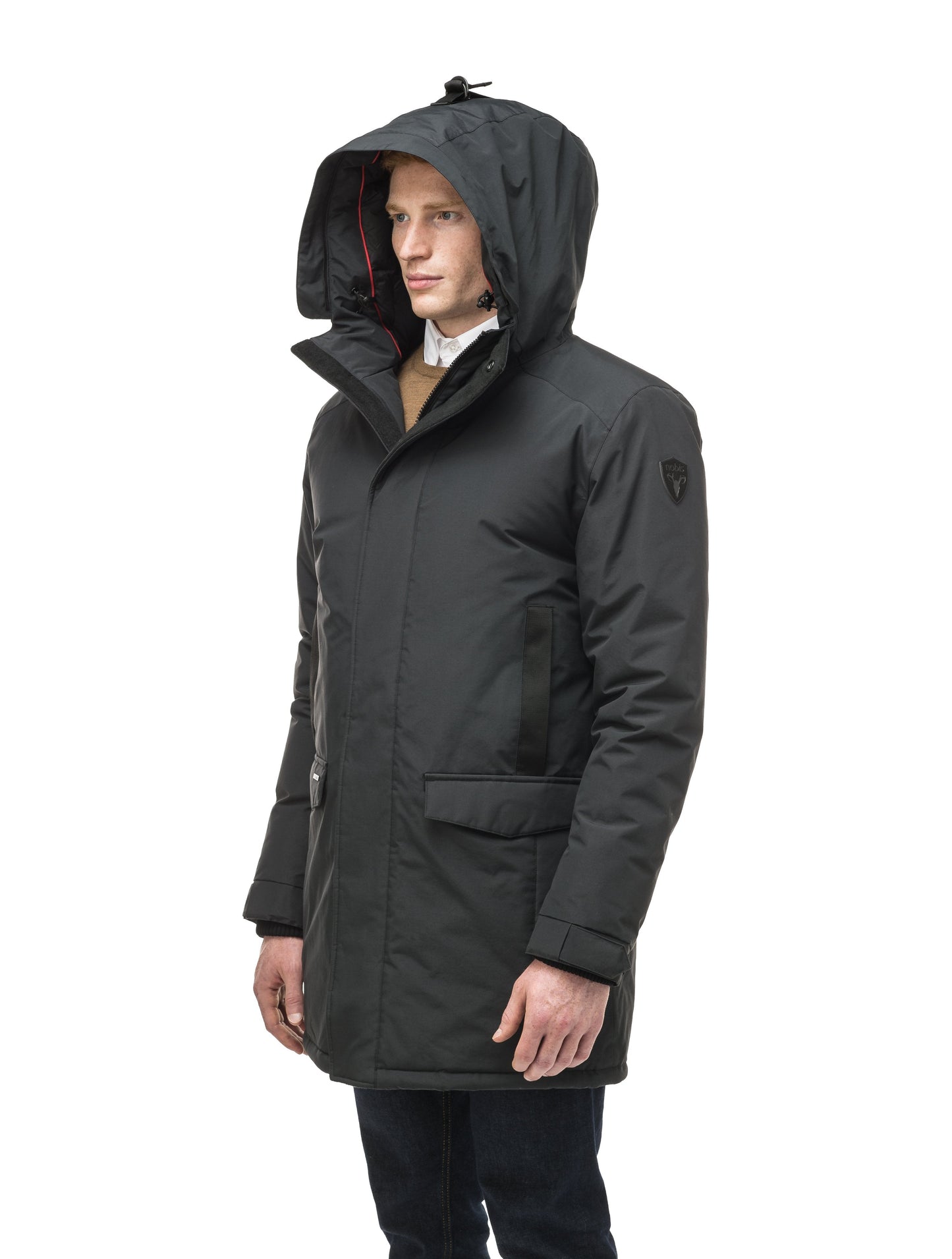 Lightweight men's parka with duck down fill and removable fur trim around the hood in Black