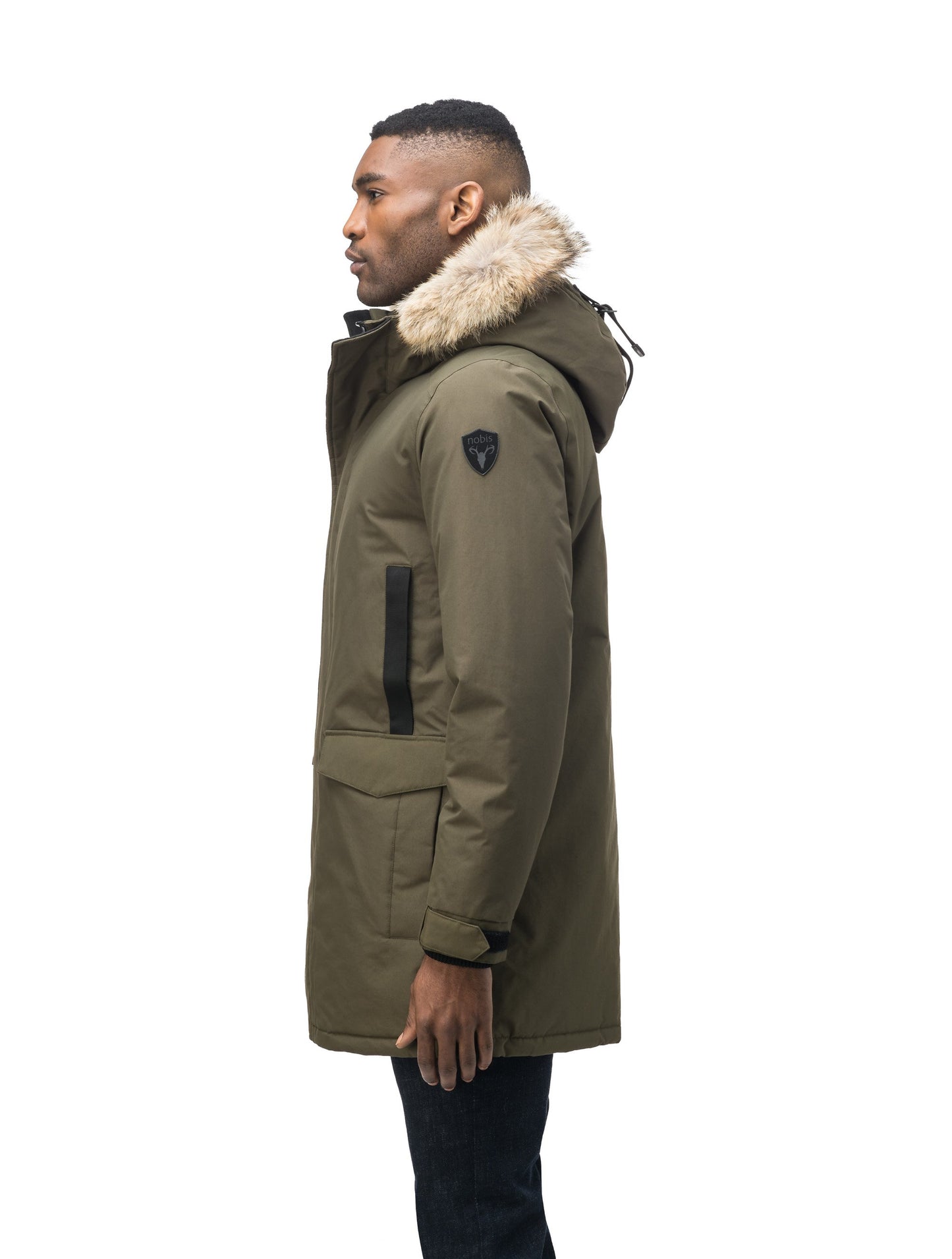 Lightweight men's parka with duck down fill and removable fur trim around the hood in Fatigue