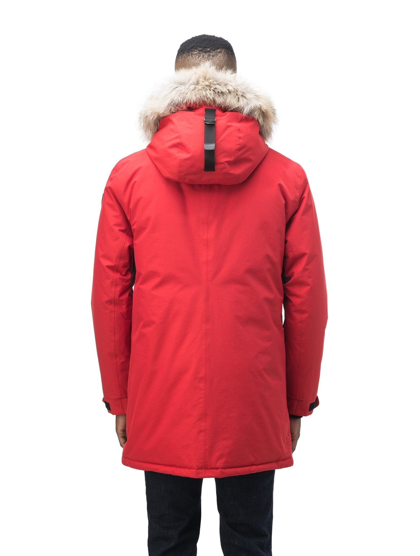 Lightweight men's parka with duck down fill and removable fur trim around the hood in Vermillion