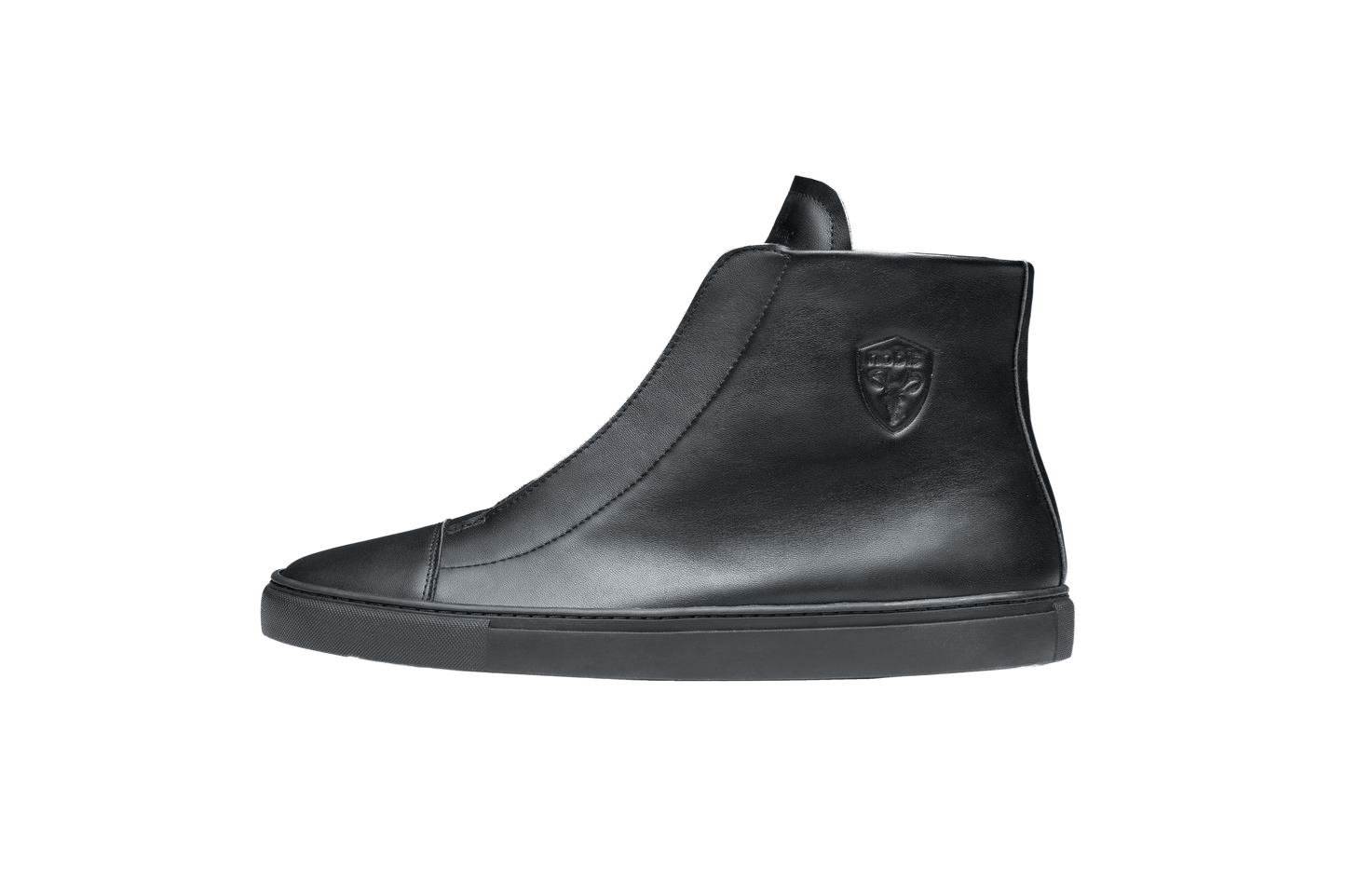 Unisex high top sneaker with Nobis crest embossed on the right side of the shoe in Black