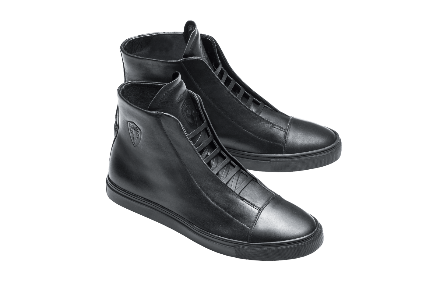 Unisex high top sneaker with Nobis crest embossed on the right side of the shoe in Black
