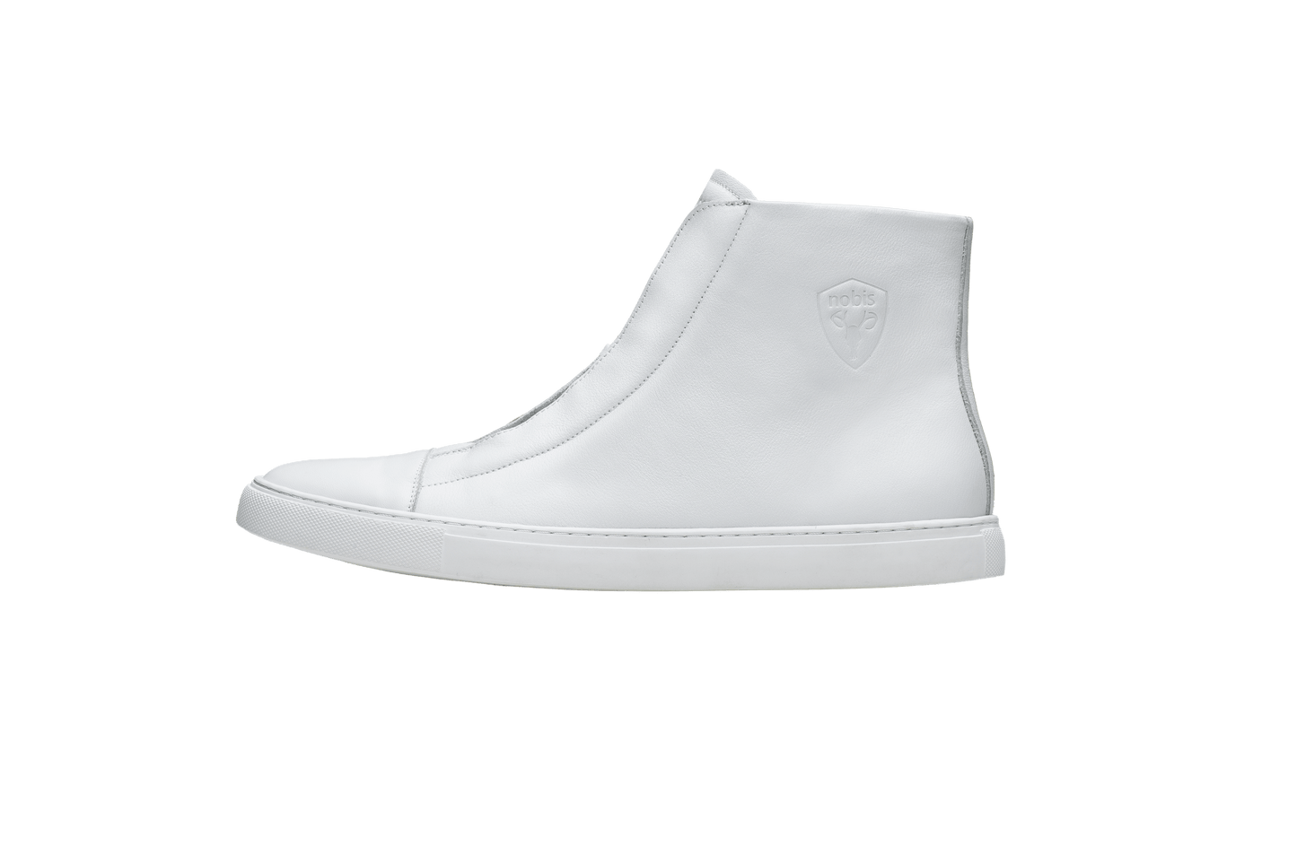 Unisex high top sneaker with Nobis crest embossed on the right side of the shoe in White