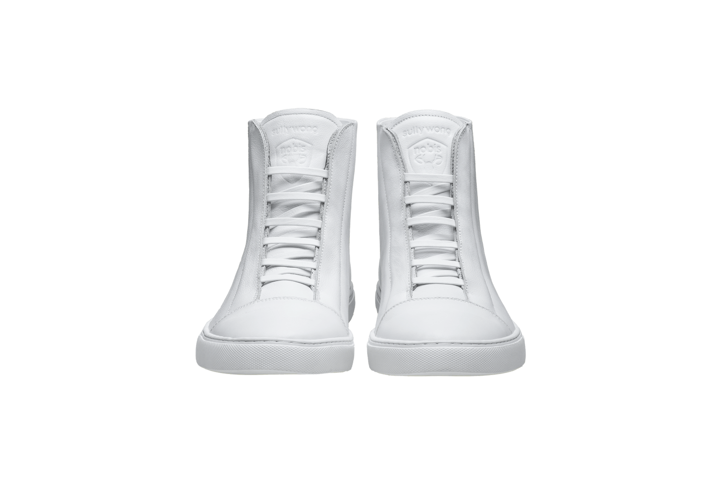 Unisex high top sneaker with Nobis crest embossed on the right side of the shoe in White