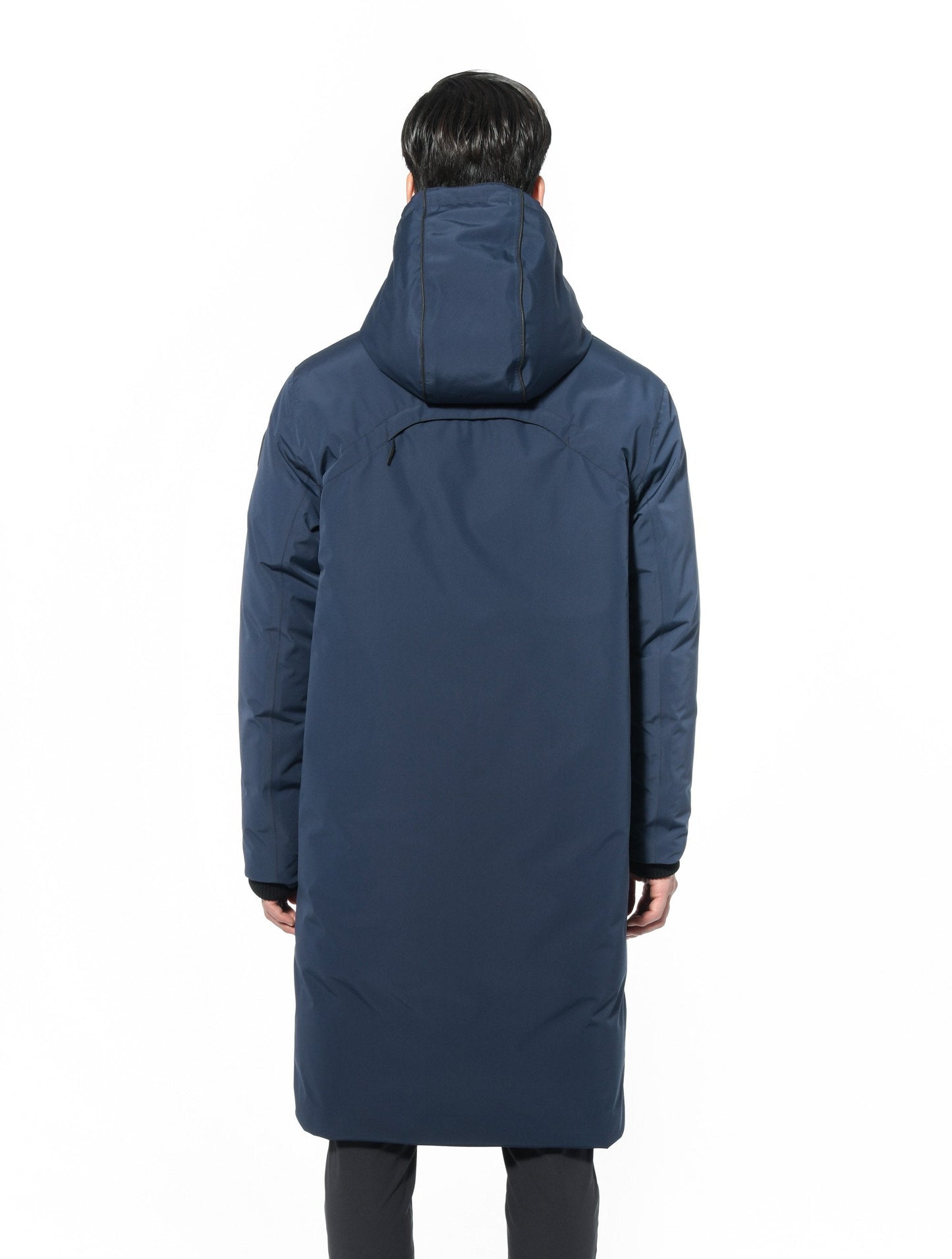 Men's knee length reversible down-filled parka with non-removable hood in Marine