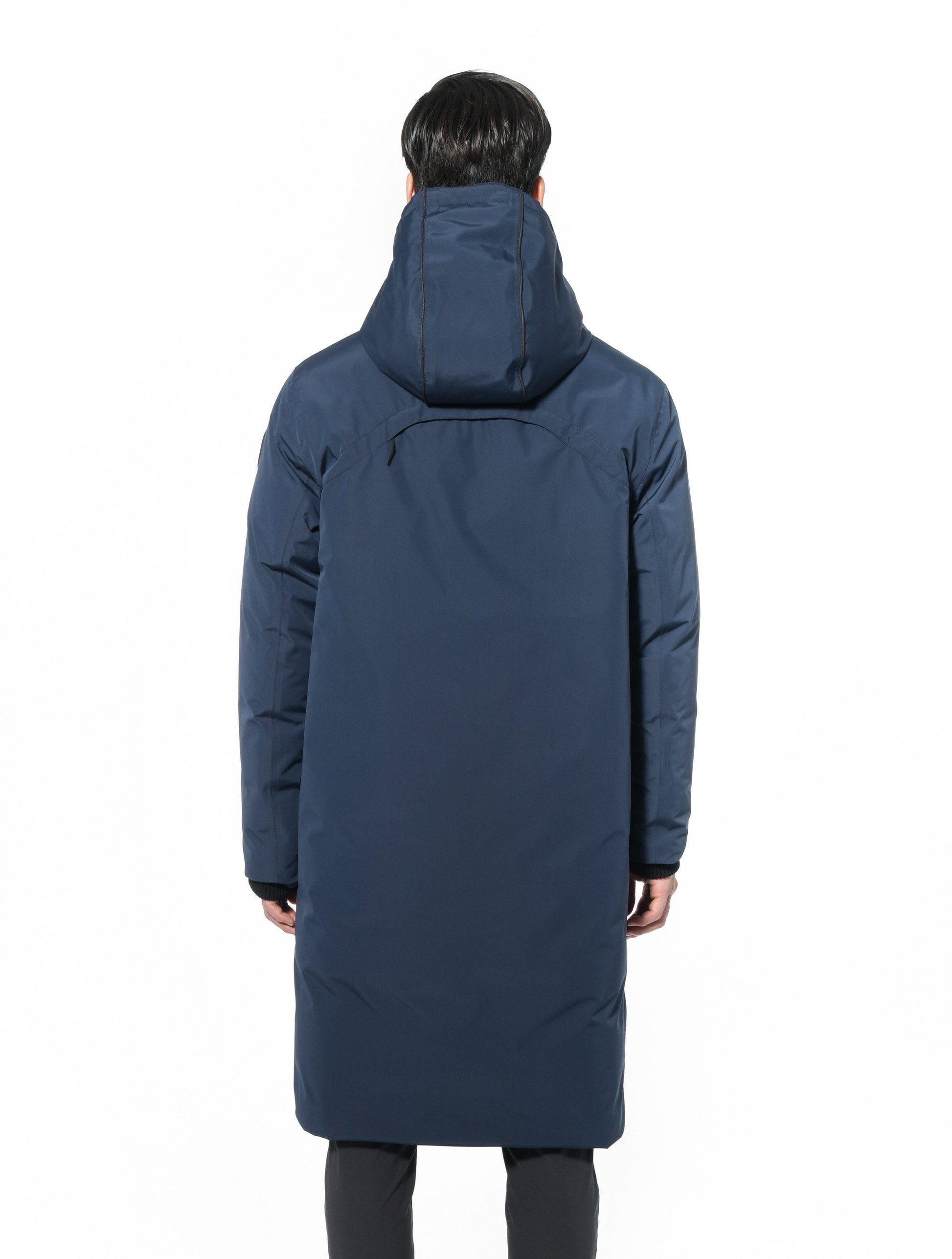 Men's knee length reversible down-filled parka with non-removable hood in Marine