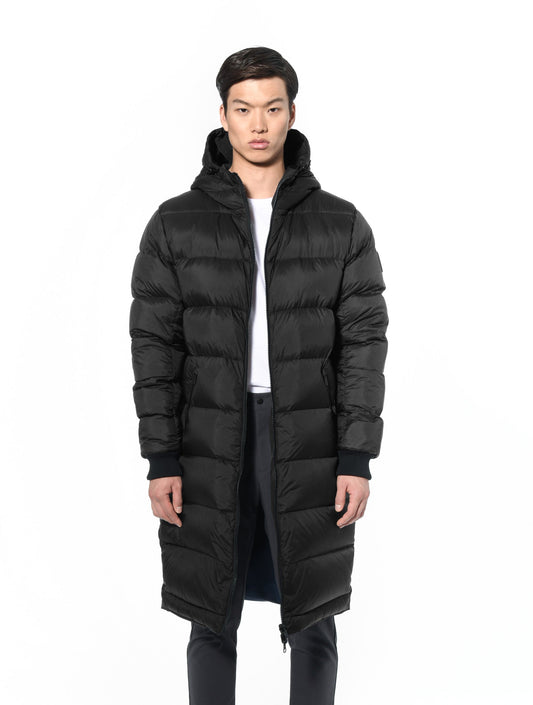 Men's knee length reversible down-filled parka with non-removable hood in Black + Black