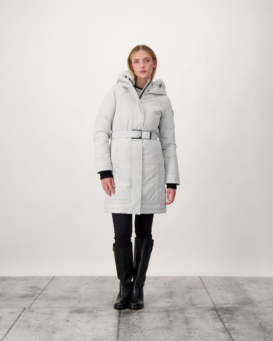 Women's Thigh length own parka with a furless oversized hood in CH Light Grey