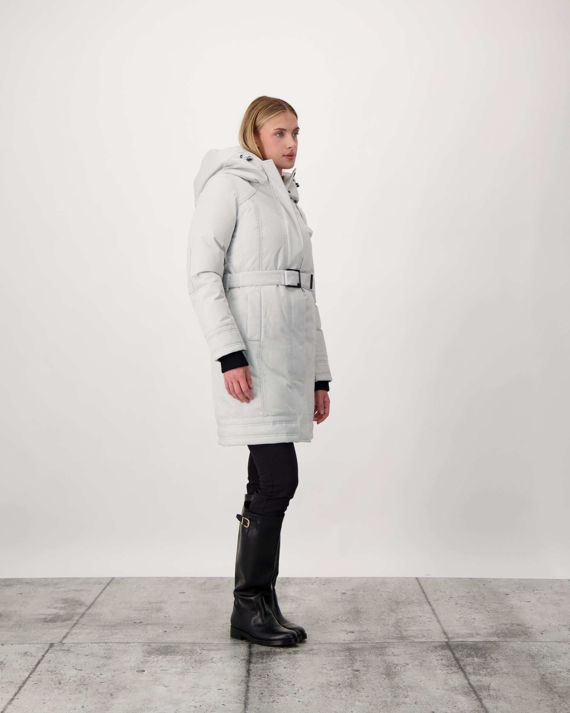 Women's Thigh length own parka with a furless oversized hood in CH Light Grey