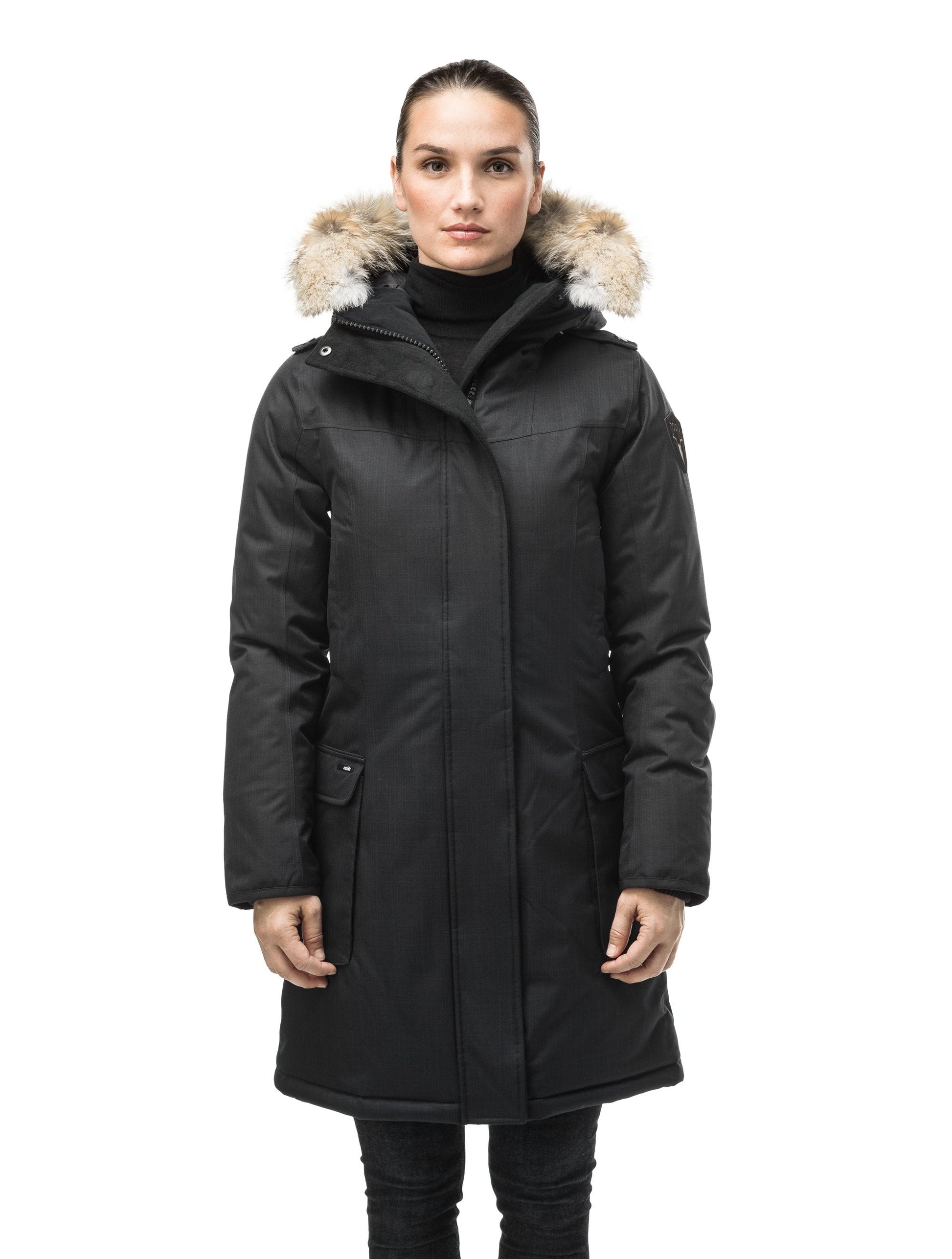 Women's knee length down filled parka with fur trim hood in CH Black