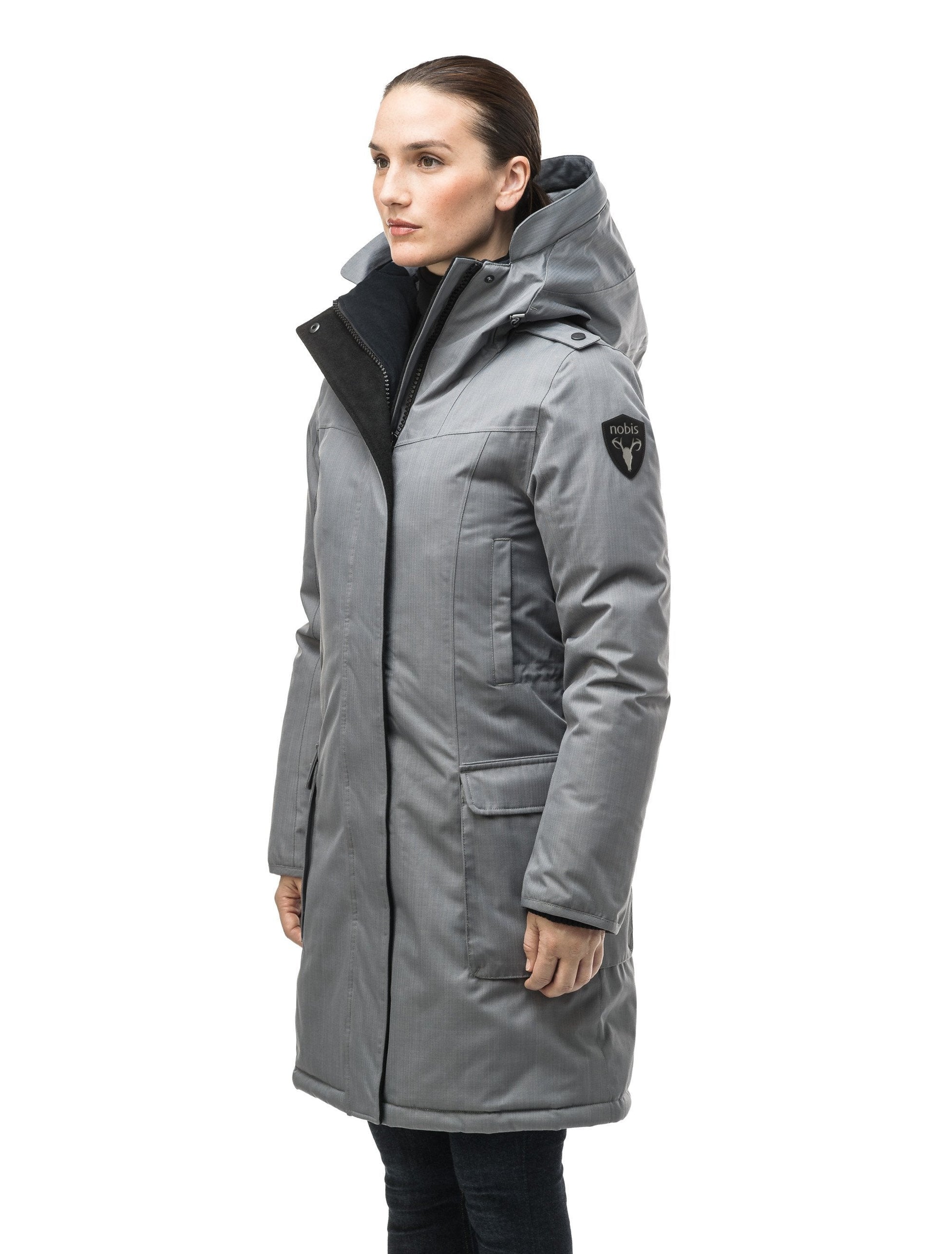 Women's knee length down filled parka with fur trim hood in CH Concrete