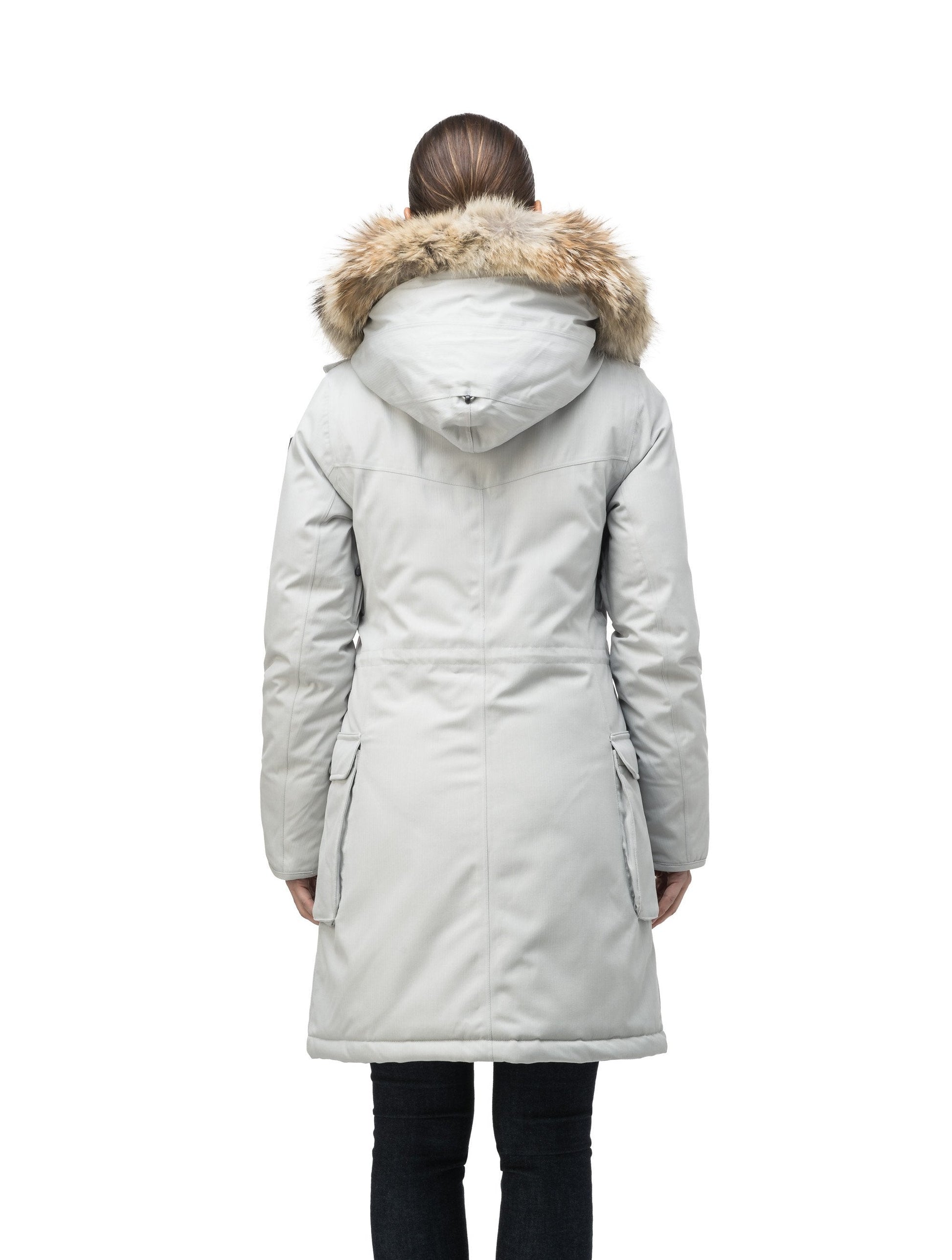 Women's knee length down filled parka with fur trim hood in CH Light Grey