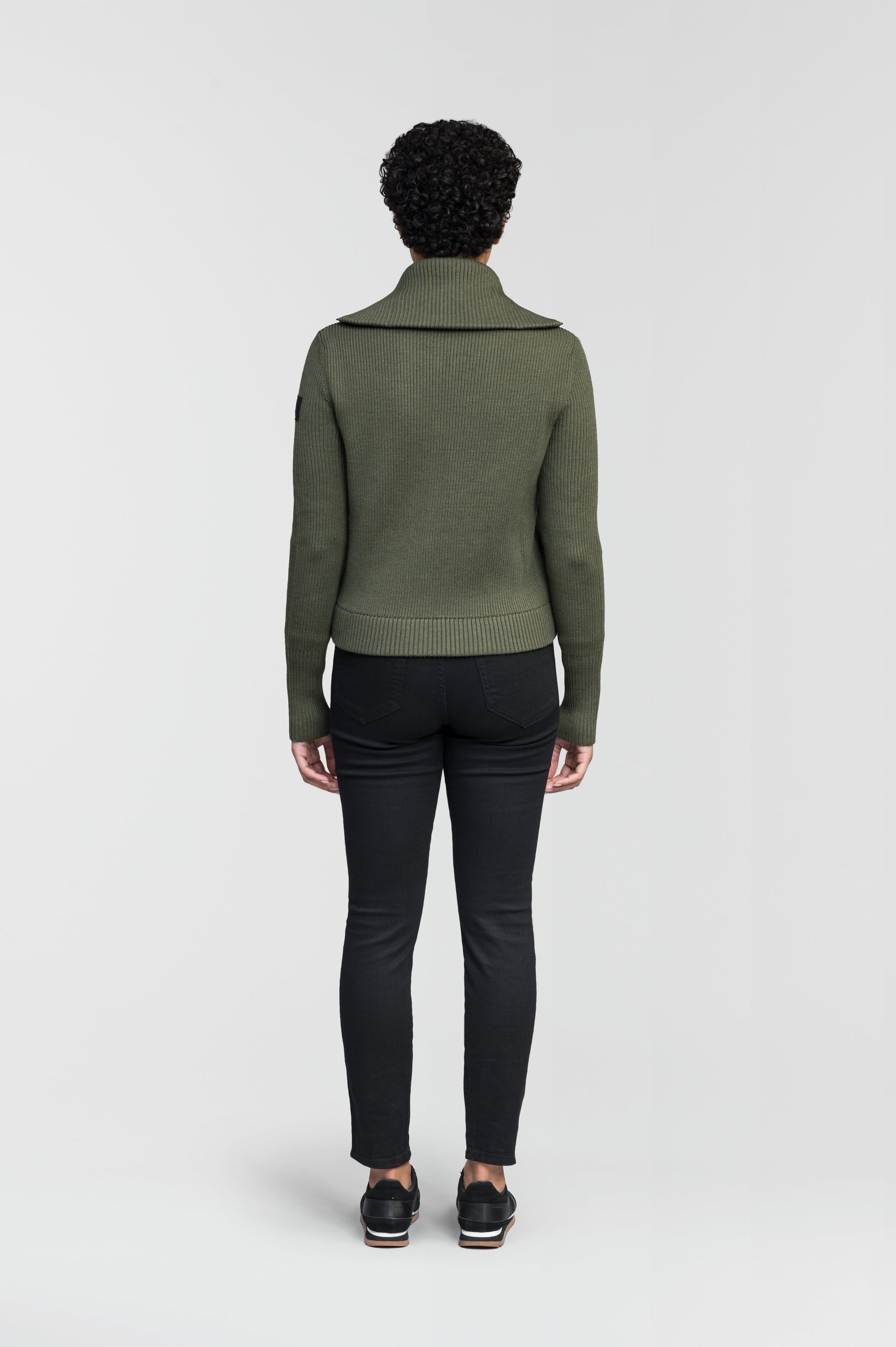 Ada Ladies Quilted Full Zip Sweater in hip length, PrimaLoft Gold Insulation Active+, Durable 4-Way Stretch Weave quilted torso, Merino wool knit collar, sleeves, back, and cuffs, two-way front zipper, and hidden waist pockets, in Fatigue