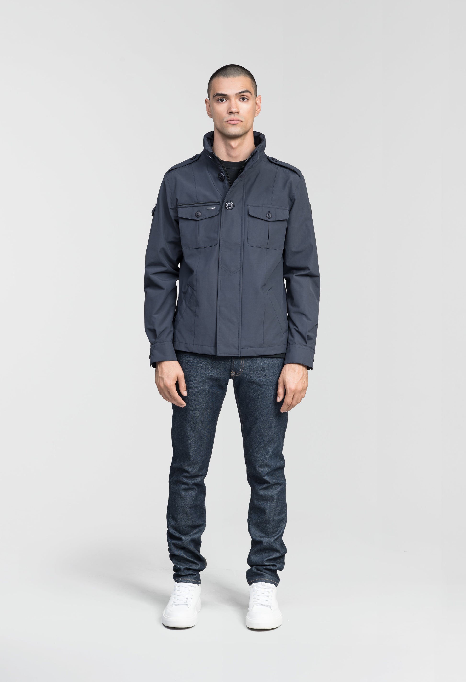 Men's waist length military style jacket in Navy