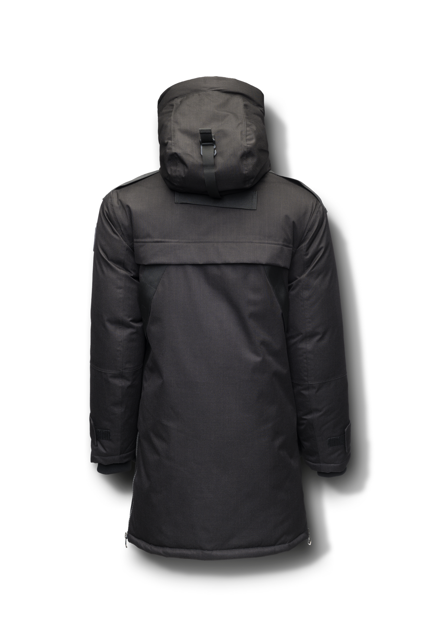 Alum Men's Long Parka in thigh length, Premium Canadian White Duck Down insulation, non-removable hood with removable coyote fur trim, two-way centre front zipper with magnetic closure wind flap, four exterior patch pockets at front, in Black