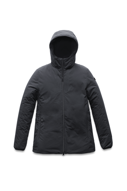 Ladies hip length mid layer jacket with non-removable hood and two-way zipper in Black + Black