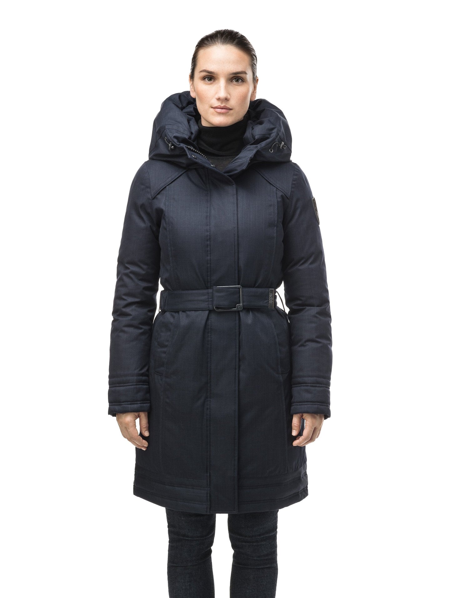 Women's Thigh length own parka with a furless oversized hood in CH Navy