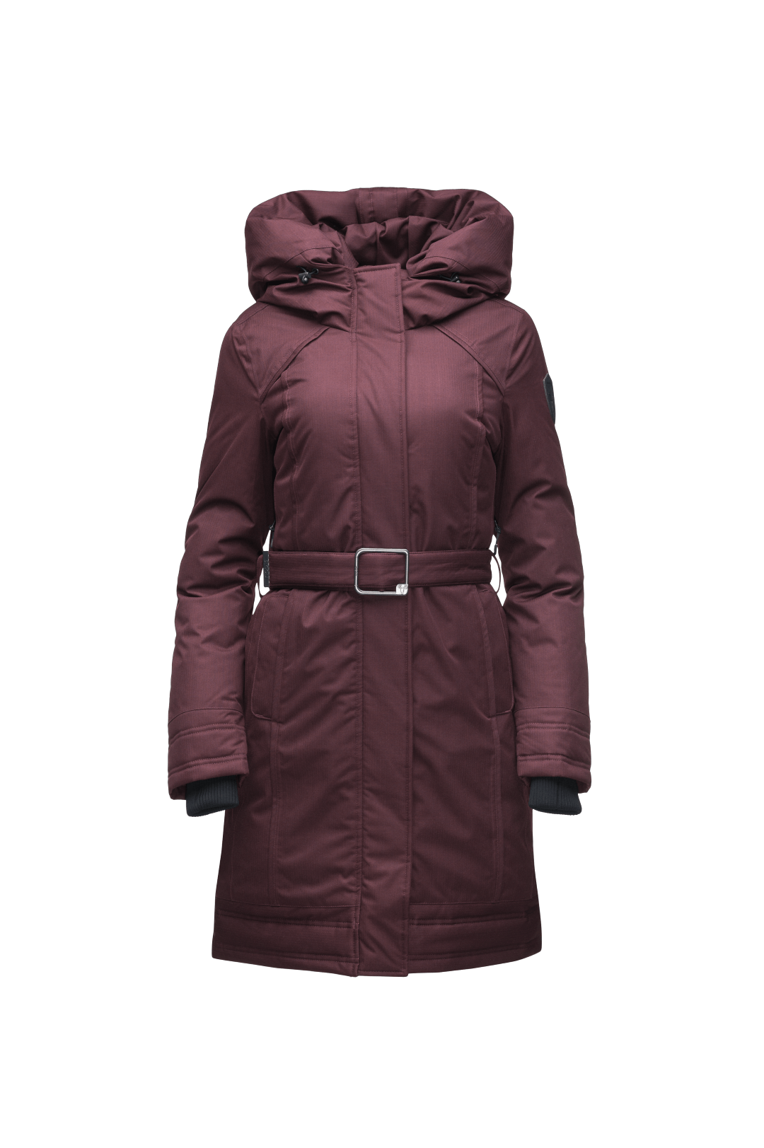 Women's Thigh length own parka with a furless oversized hood in Merlot