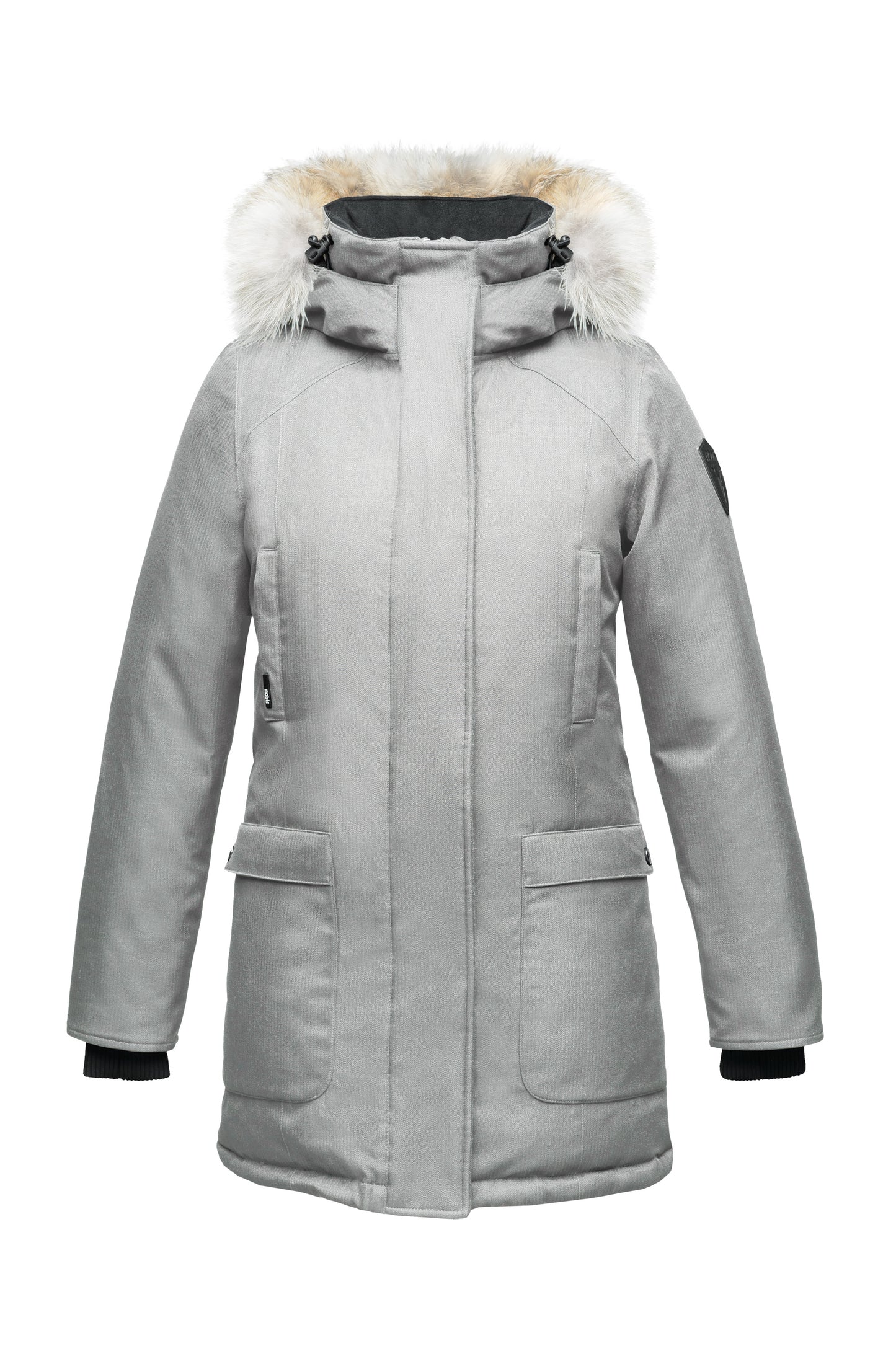 Women's down filled parka that sits just below the hip with a clean look and two hip patch pockets in Light Grey