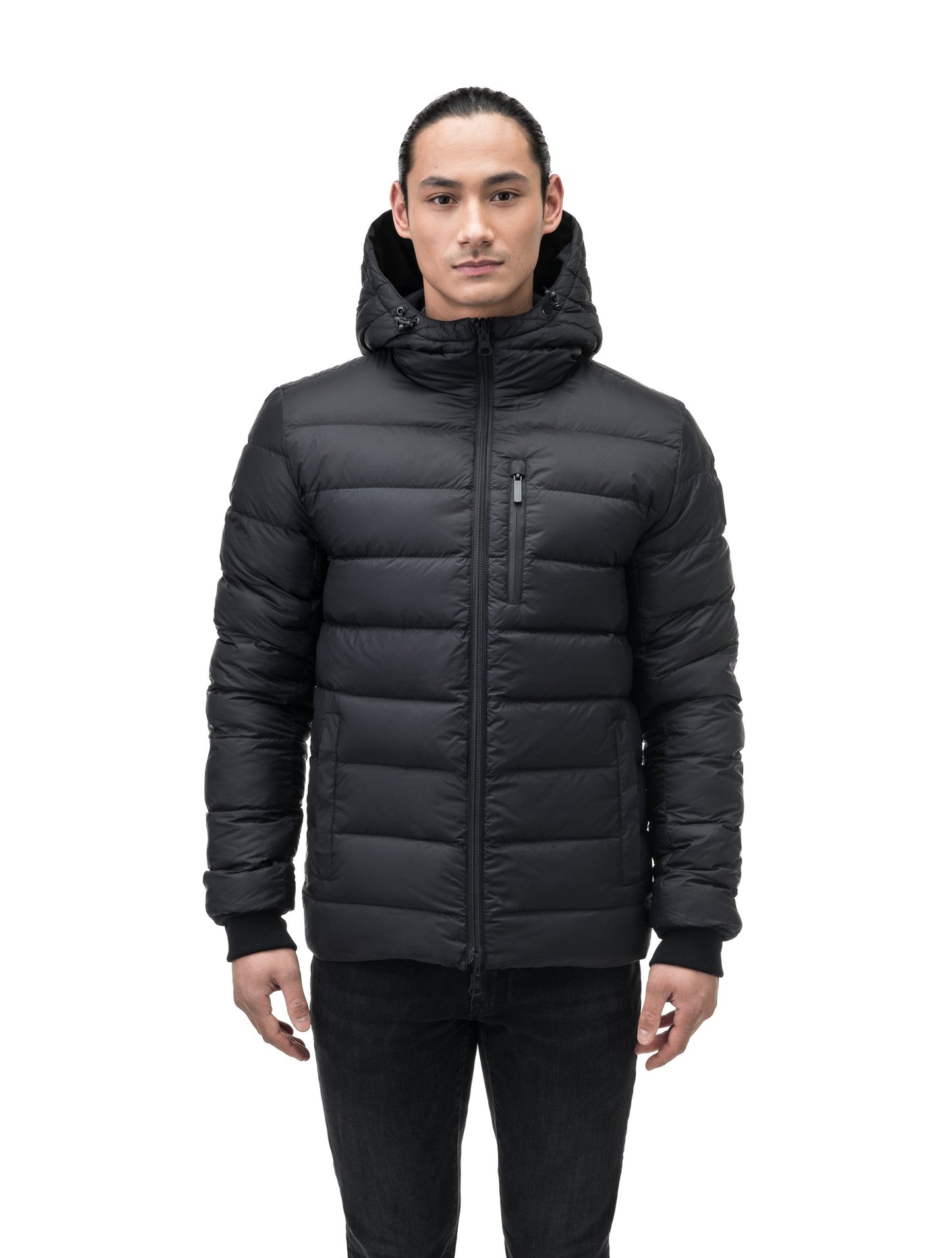 Chris Men's Mid Weight Reversible Puffer Jacket in hip length, Canadian duck down insulation, non-removable adjustable hood, ribbed cuffs, and quilted body on reversible side, in Black