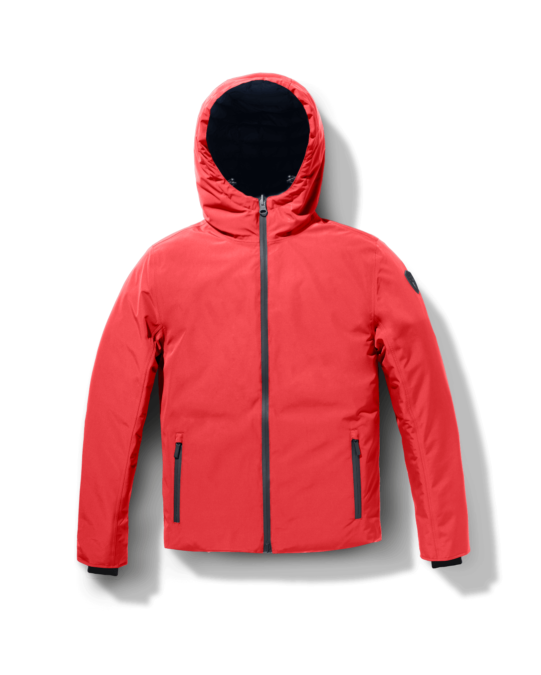 Chris Men's Mid Weight Reversible Puffer Jacket in hip length, Canadian duck down insulation, non-removable adjustable hood, ribbed cuffs, and quilted body on reversible side, in Vermillion