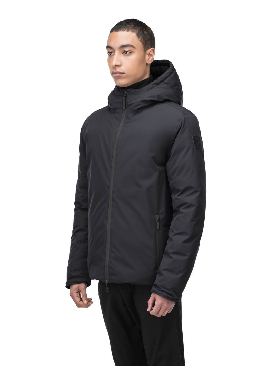 Chris Men's Mid Weight Reversible Puffer Jacket in hip length, Canadian duck down insulation, non-removable adjustable hood, ribbed cuffs, and quilted body on reversible side, in Black