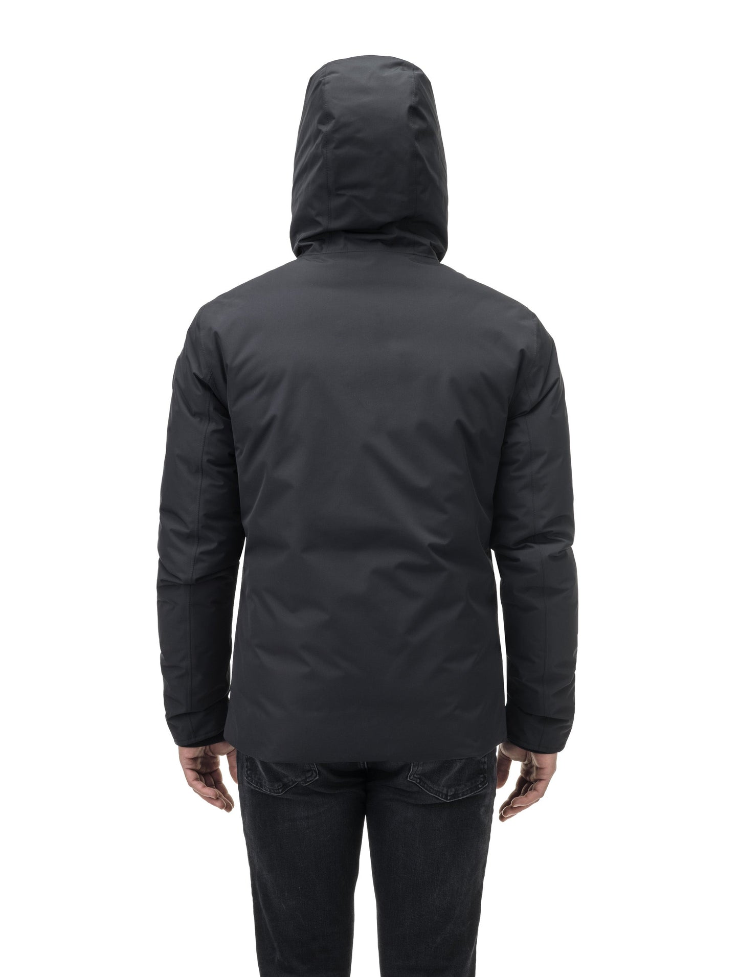 Chris Men's Mid Weight Reversible Puffer Jacket in hip length, Canadian duck down insulation, non-removable adjustable hood, ribbed cuffs, and quilted body on reversible side, in Black