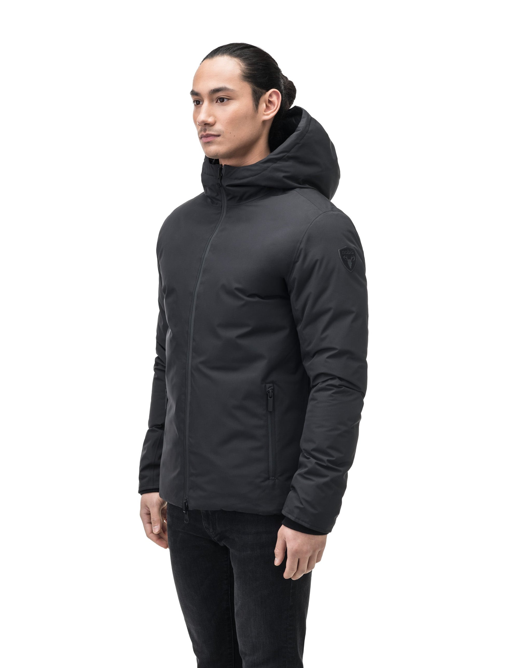 Chris Men's Mid Weight Reversible Puffer Jacket in hip length, Canadian duck down insulation, non-removable adjustable hood, ribbed cuffs, and quilted body on reversible side, in Black
